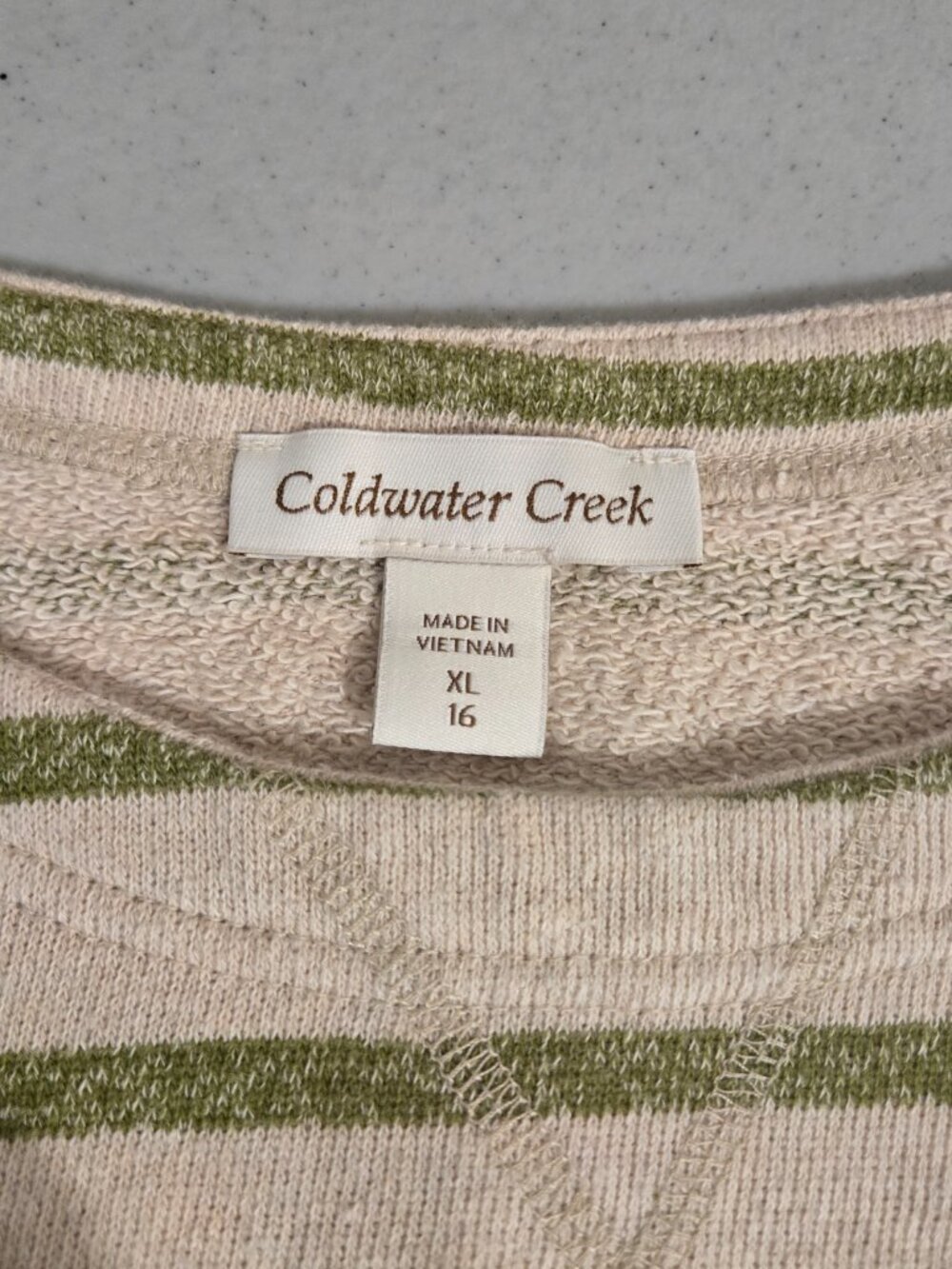 Coldwater Creek XL Tan & Olive Green Stripped French Terry Top 100% cotton - Picture 4 of 7